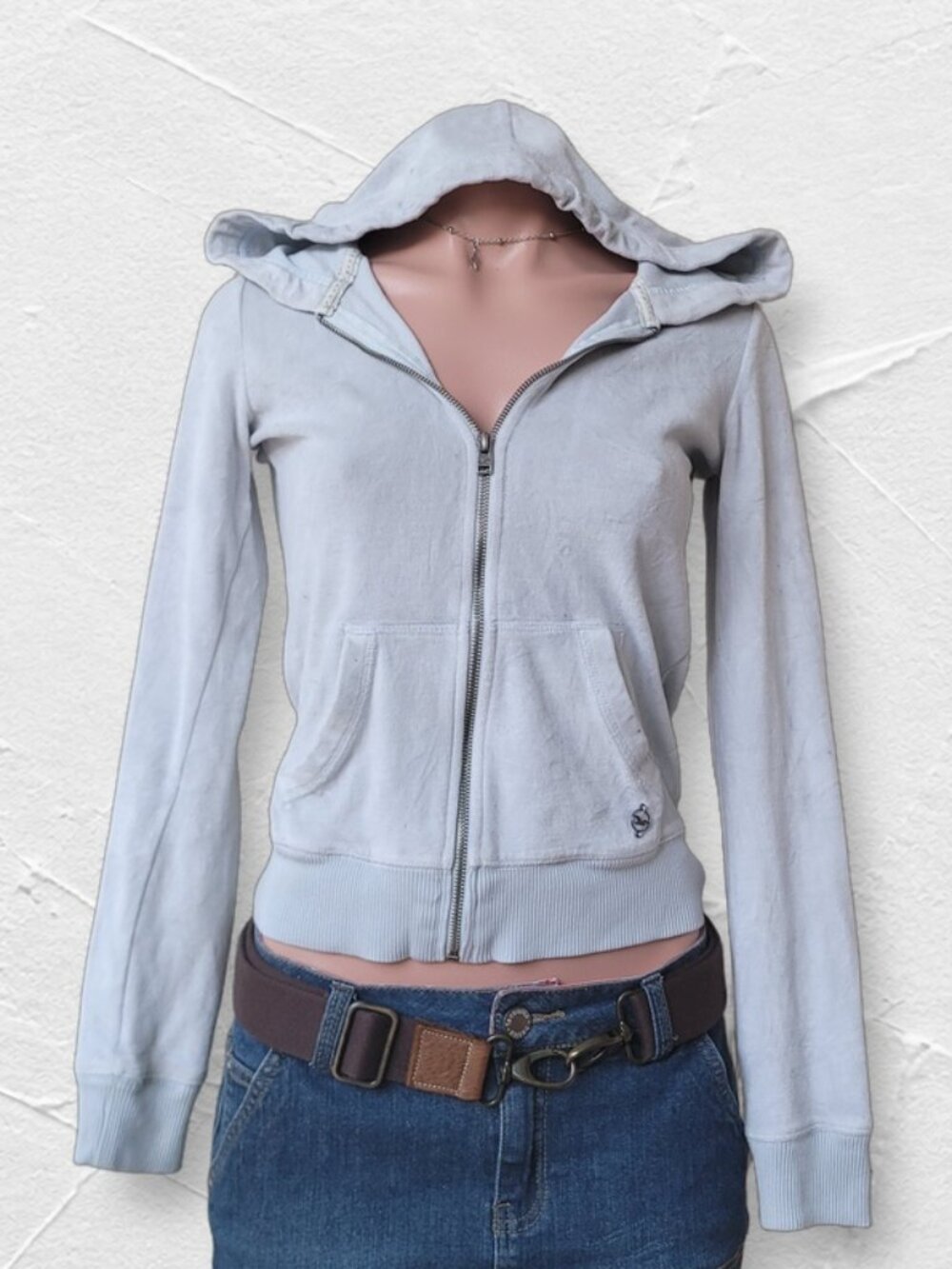 Hollister Baby Blue Logo Embroidered Cropped Zip-Up Hoodie